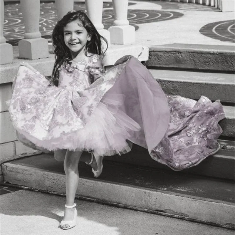 Детское кружевное платье с длинным рукавом V образным вырезом и