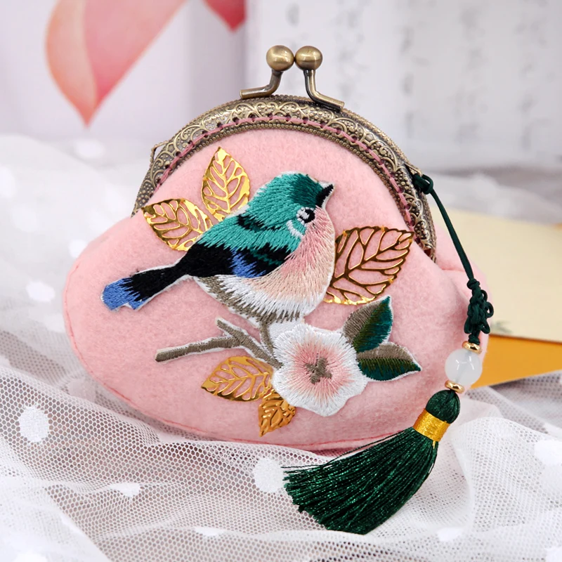 

DIY Material Package Purse Cute Embroidery Bird Pattern Pink Small Handbag Handmade Sewing Wallet Craft Kit For Girl&Kids Gift