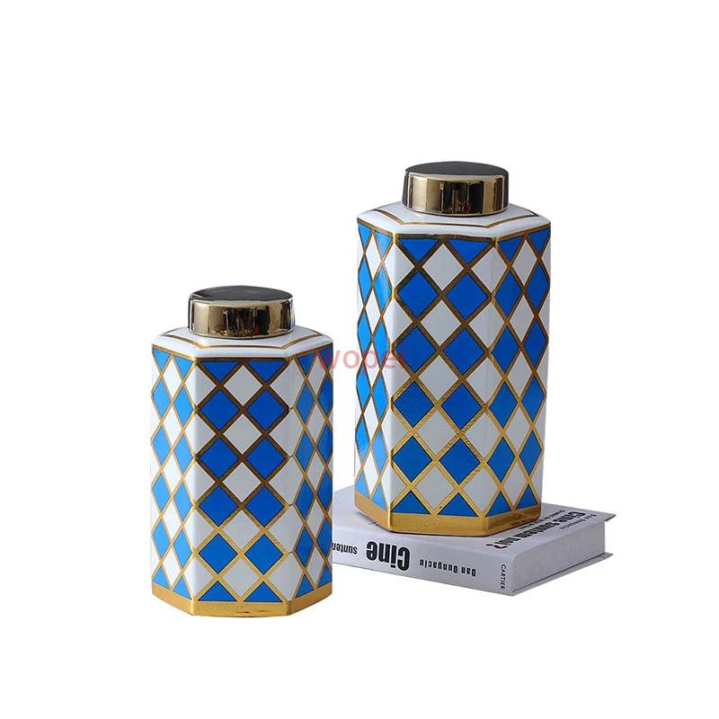 

Hexagon Painted Ceramic Jars with Lid Candy Jar Modern Decor Flowers Vase Flower Arrangement Living Room Decoration Storage Tank