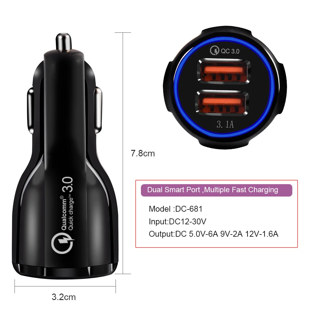 Фото Автомобильное зарядное устройство QC3.0 с двумя usb-портами для быстрой зарядки мини Автомобильное зарядное устройство QC3.0 с двумя usb-портами для быстрой зарядки мини