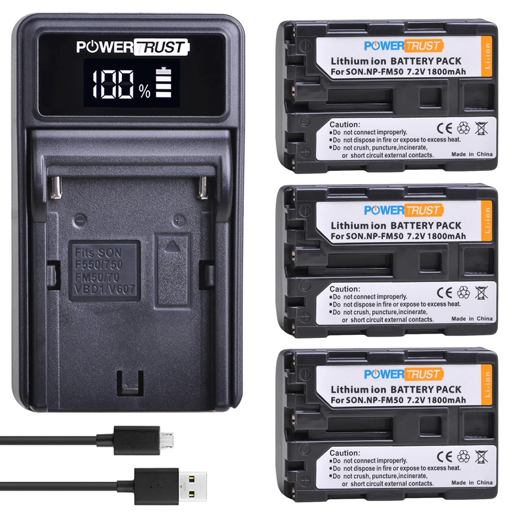PowerTrust 3pcs NP-FM50 NPFM50 FM55H Battery+LED USB Charger For Sony NP-FM51 NP-FM30 NP-FM55H DCR-PC101 A100 Series DSLR-A100 - купить по
