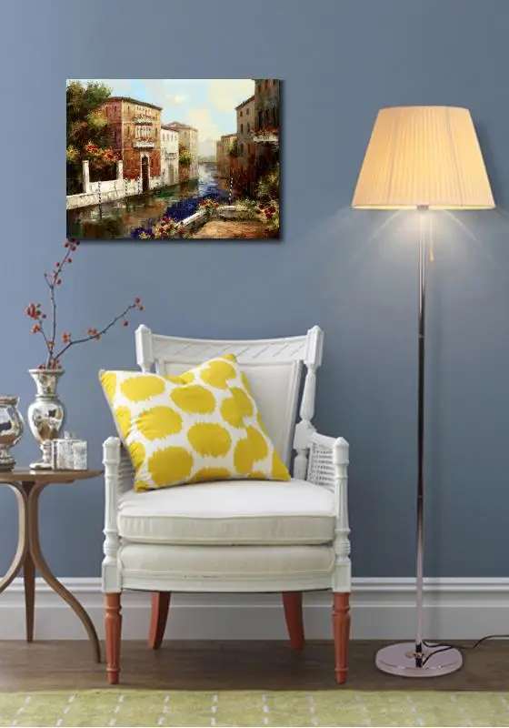 Beste Handgeschilderde Olieverfschilderijen Dorp Landschappen Slaperig Canal Canvas Art Mediterrane Kunstwerk Voor Muur Decor