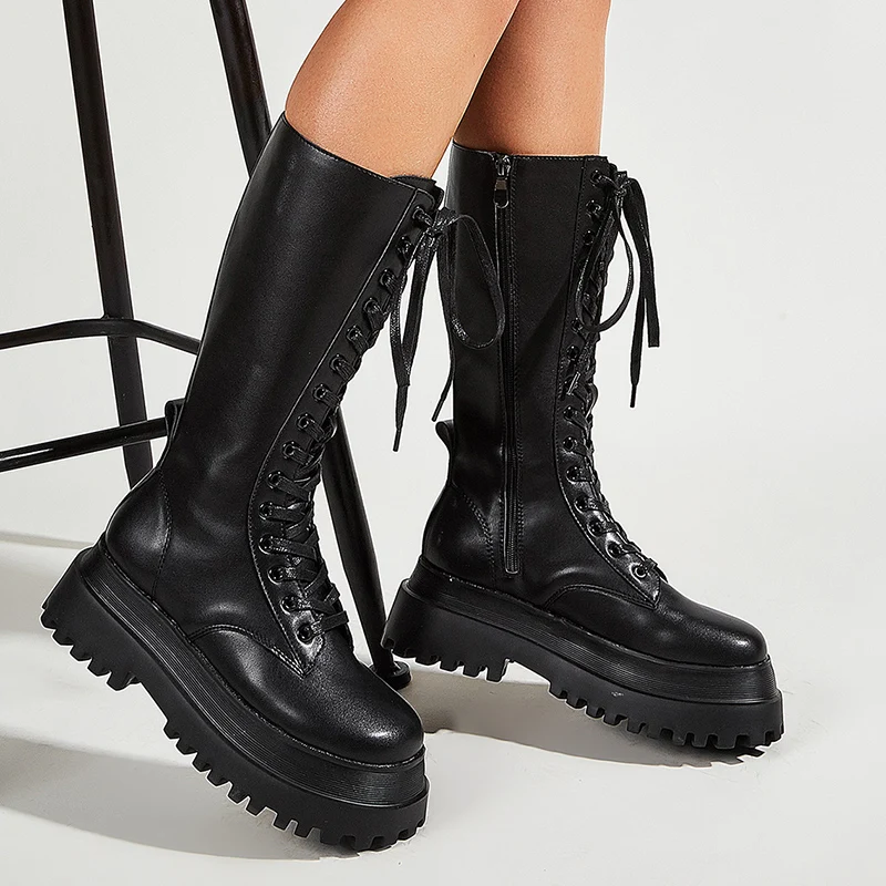 

Fashion British Style Martin Boots Women 2021 Round Toe Lace Up Shoes Female Square Heels Platform Shoes Ladies Mid Boot