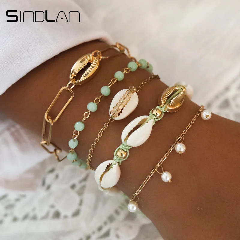 Sindlan 5 шт. богемные бусины из натуральной ракушки браслеты для женщин золотые