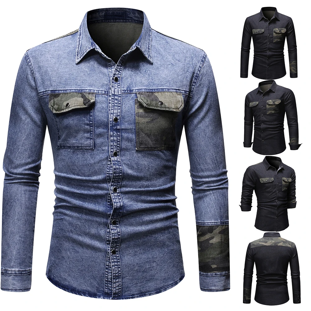 

Men's clothing spring/summer 2021 new long-sleeved denim jacket, camouflage pocket, personalized stitching denim shirt