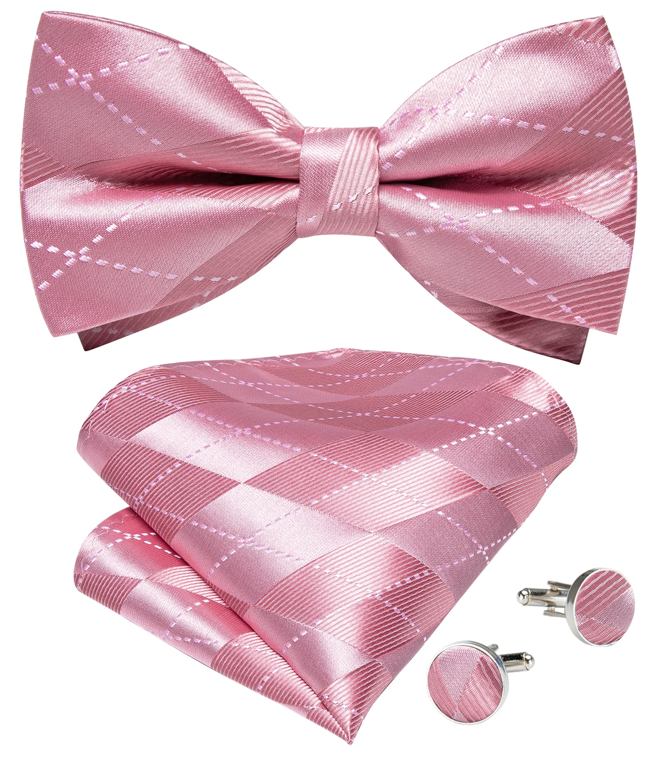 

New Fashion Pink Men's Bow Tie Silk Plaid Bowtie Cufflinks Hanky Set for Wedding Party Homme Cravat Formal Dress Suit Accessory