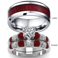 2021 couple ring women white gold color heart garnet ring men stainless steel wedding engagement band valentine day gift jewelry