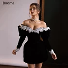 Черные бархатные короткие платья для выпускного вечера Booma с открытыми плечами, кружевные коктейльные мини-платья с длинным рукавом, с открытой спиной, выше колена