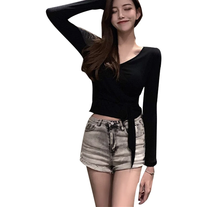 

Women's Spring Summer Style Blouse Shirt Women's Elegant Lace Up Solid Color V-neck Bow Casual Korean Slim Tops DD8468