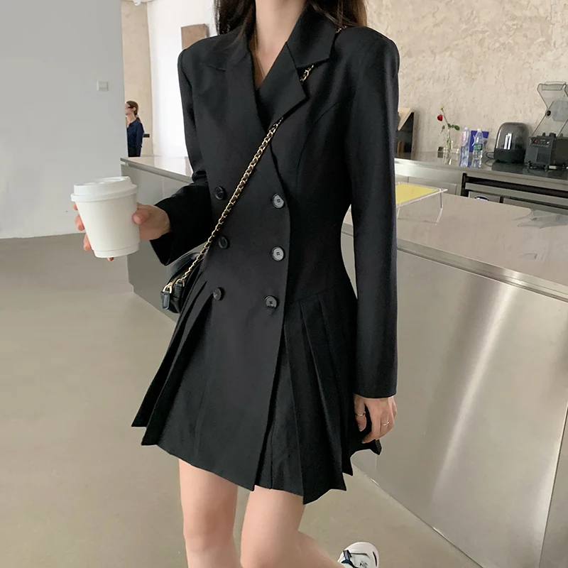 

Suit Black Dress Women Button New Style Korean Thin Waist Hepburn Mini Dresses Solid Notched Pleated Vestidos Female Trend
