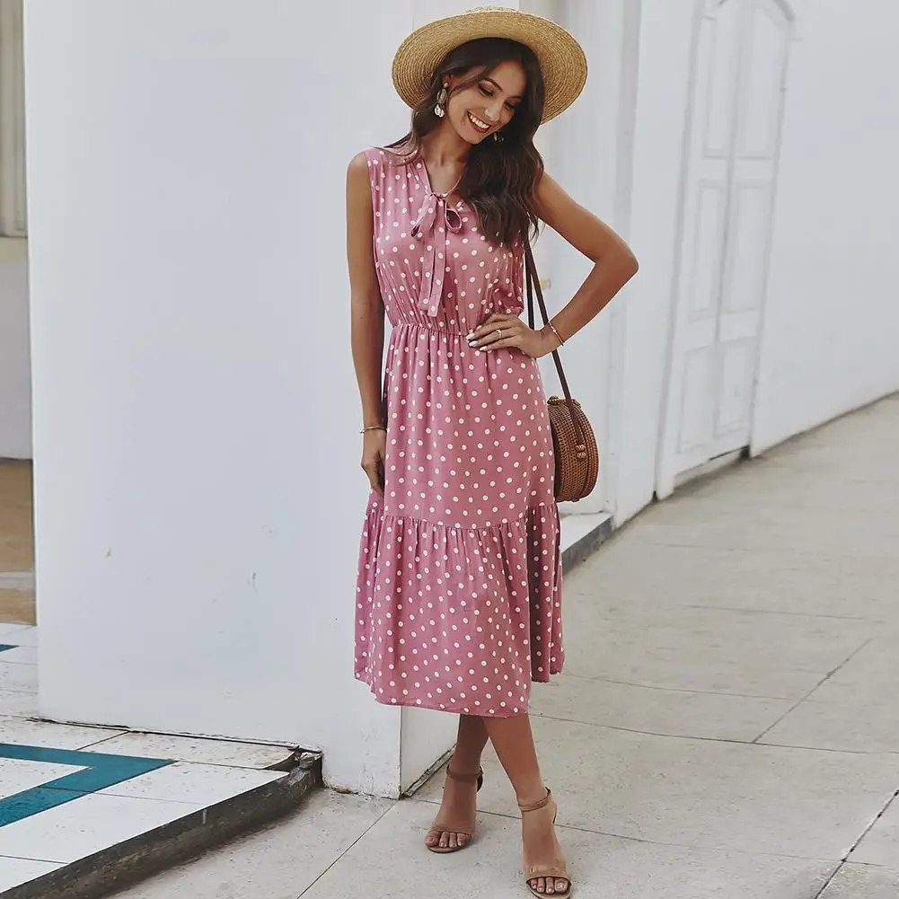 

Women Stylish Sleeveless Lace up V Neck Polka Dot Print Waist Tight Midi Dress