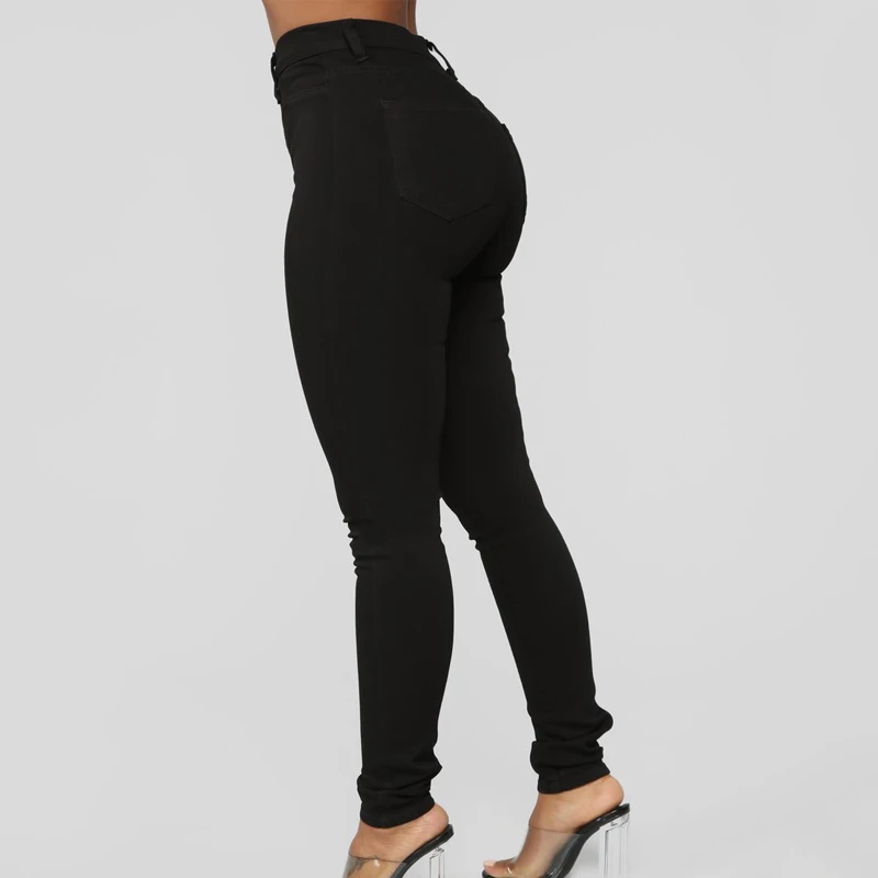 women solid long jeans oversized 2021 autumn elastic skinny pencil pants high waist button fly demin with pockets vaqueros mujer | Женская