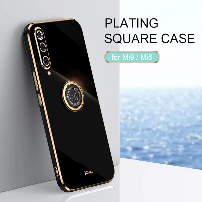 Luxury Plating Square Bumper Ring Holder Phone Case On For Xiaomi Mi 9 8 Mi9 Mi8 Xiomi Xiaomi9 Xiaomi8 Soft Silicone Stand Cover