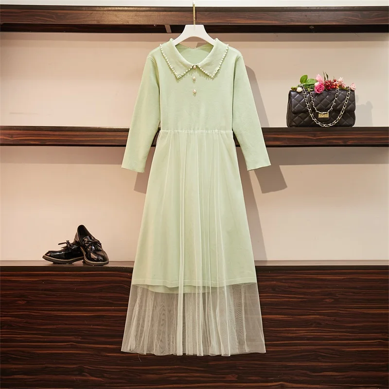 

Plus size knitted dress 2020 autumn and winter new waist slimming doll collar mid-length dress with enlarged version