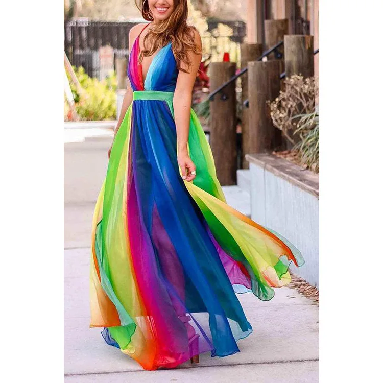 

Deep V-Neck Rainbow Mesh Dress for femme sexy vestdios Women Sleeveless Bohemian Spaghetti Starp Beach Long Dresses maxi robe