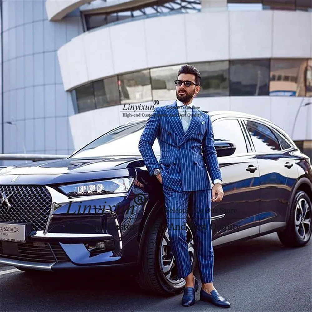 

Fashion Blue Striped Mens Suits Double Breasted Wedding Groom Tuxedos 2 Pieces Set Business Male Prom Blazer Terno Masculino