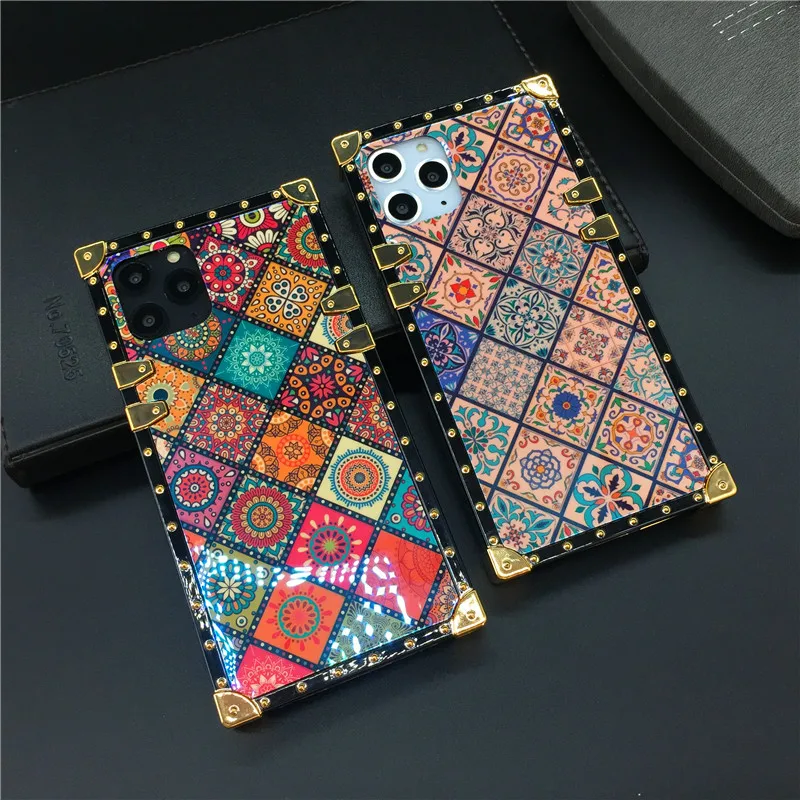 

Luxury Plaid Vintage Flower Case iPhone 12 X XS Max XR Square Cover Lanyard Case iphone 11 PRO MAX 7 Plus 8 Plus shell