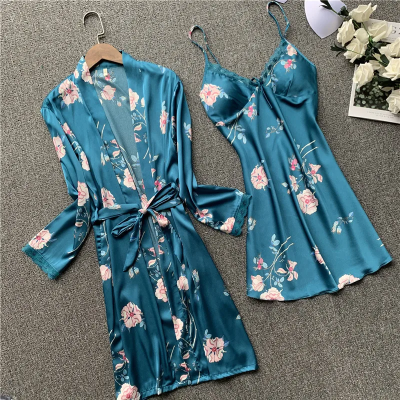 Women Satin Sexy Pajamas Sets Ladies Nightgown Print Two-pieces Silk Sleepwear Robe+Nightdress Lounge Pijama | Женская одежда