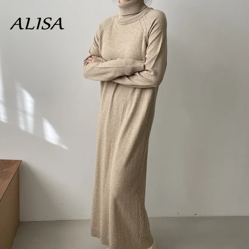 

Auutmn Winter Turtleneck Sweater Dress Women French Elegant Retro Knitted Dress Ladies Loose Straight Black Long Robe Vestidos