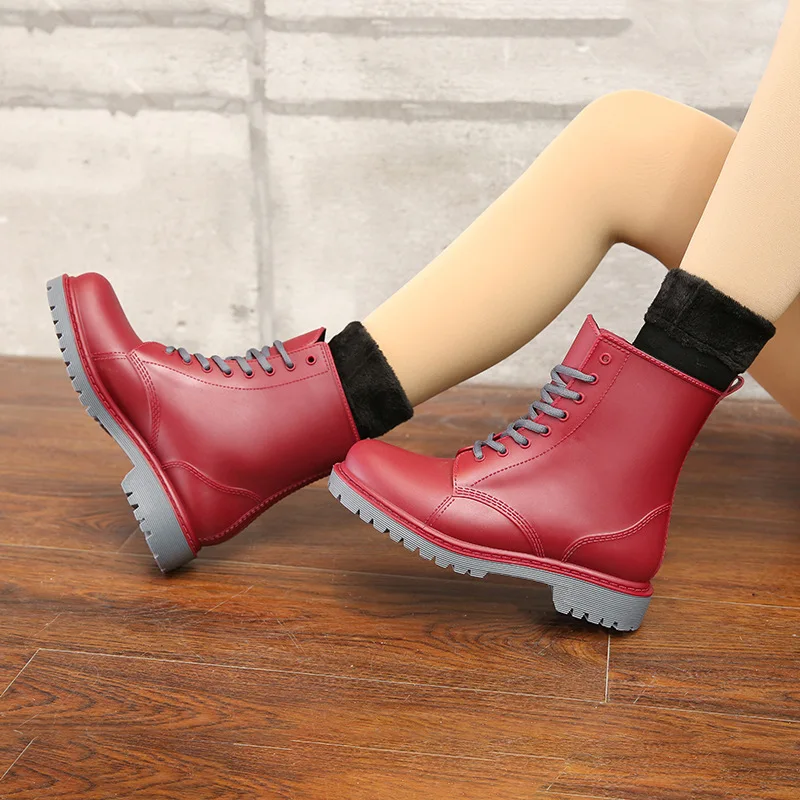 

Women's Rainboots Waterproof Shoes Woman Mud Water Shoes Rubber Lace Up PVC Ankle Boots Sewing Solid Fashion Rain Boots