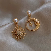 elegant fashion simulation pearl zircon ancient egypt sun moon totem drop earrings for women girl retro asymmetrical jewelry