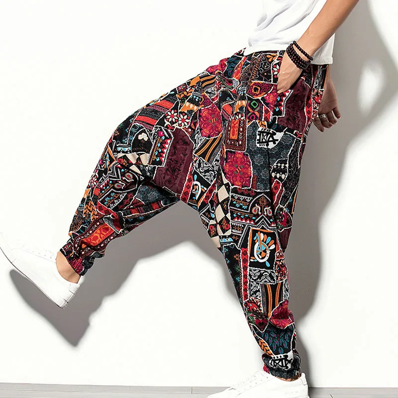 

Trendy Cool Pants for Man Streetwear Casual Loose Harem Pants 2020 Men's Nepal Style Printed Cotton Linen Sports Jogging Pants