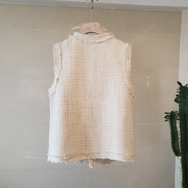 

Chic Ins European Women Knitted Tweed Vest England Plaid Tassels V-Neck Jacket French Elegant Ladies Top Outerwear Drop Shipping