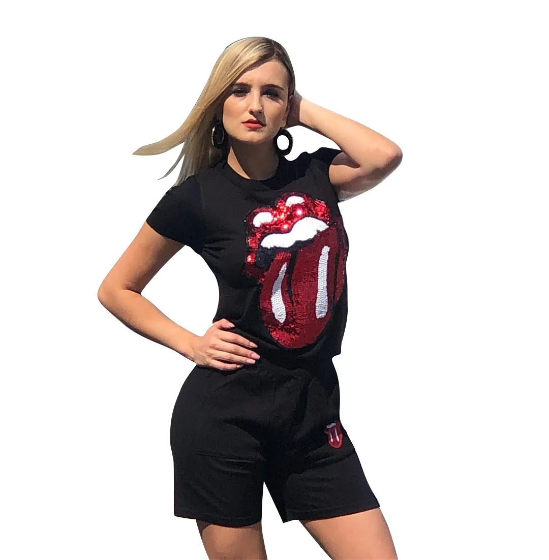 Новинка женский летний комплект из 2 предметов с блестками футболка пуловер +