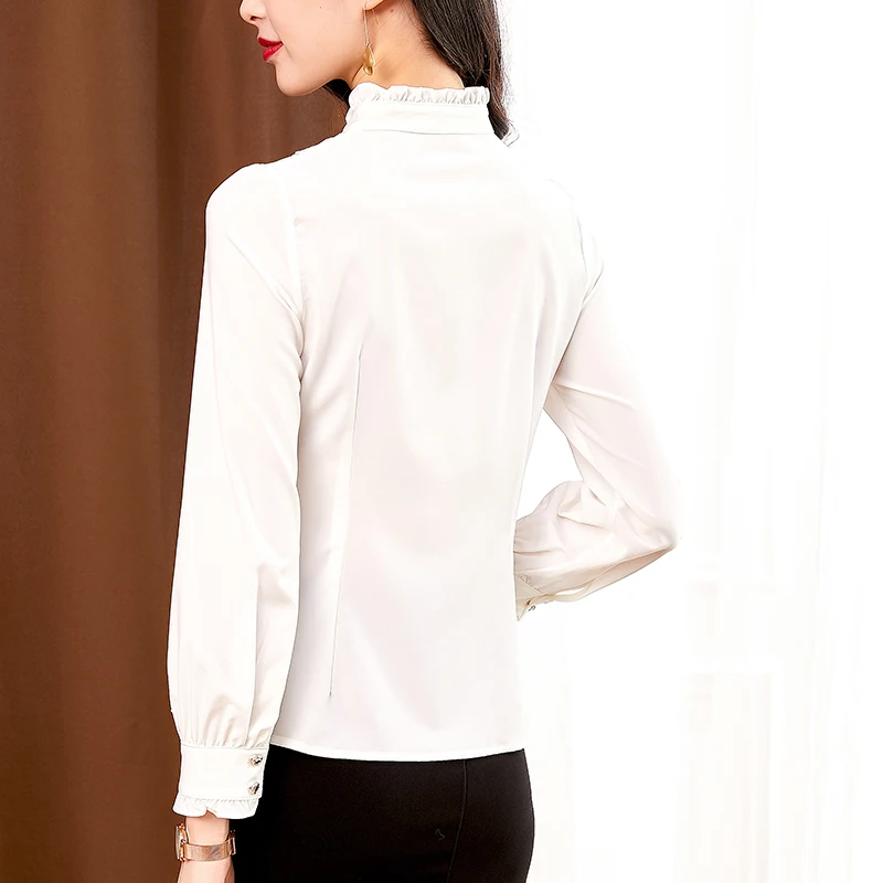 

NIJIUDING Tops 2020 Autumn New Chiffon Petal Sleeve Blouse Womens Single-breasted Solid Ruffle Collar Ladies Lace Female Shirts