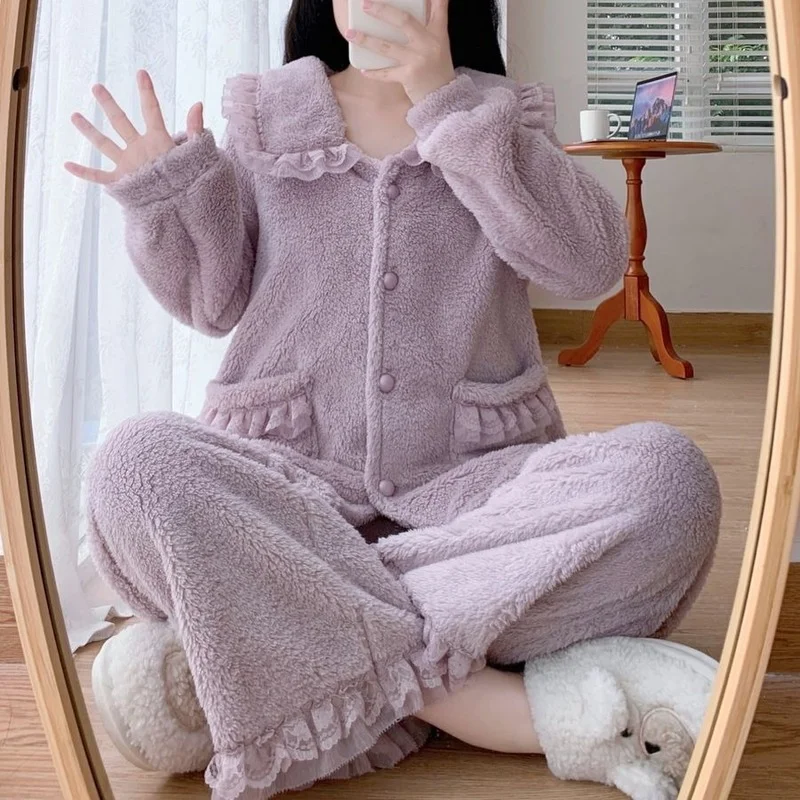 QWEEK Winter Pajamas Coral Fleece Clothing Sets Women Kawaii Apricot Purple Lace Pyjamas Princess Style Loungewear Pijamas Cute