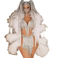 white feathers short coat sparkling bikini set tassel sequins shiny costume for women stage wear lady uniform costumes