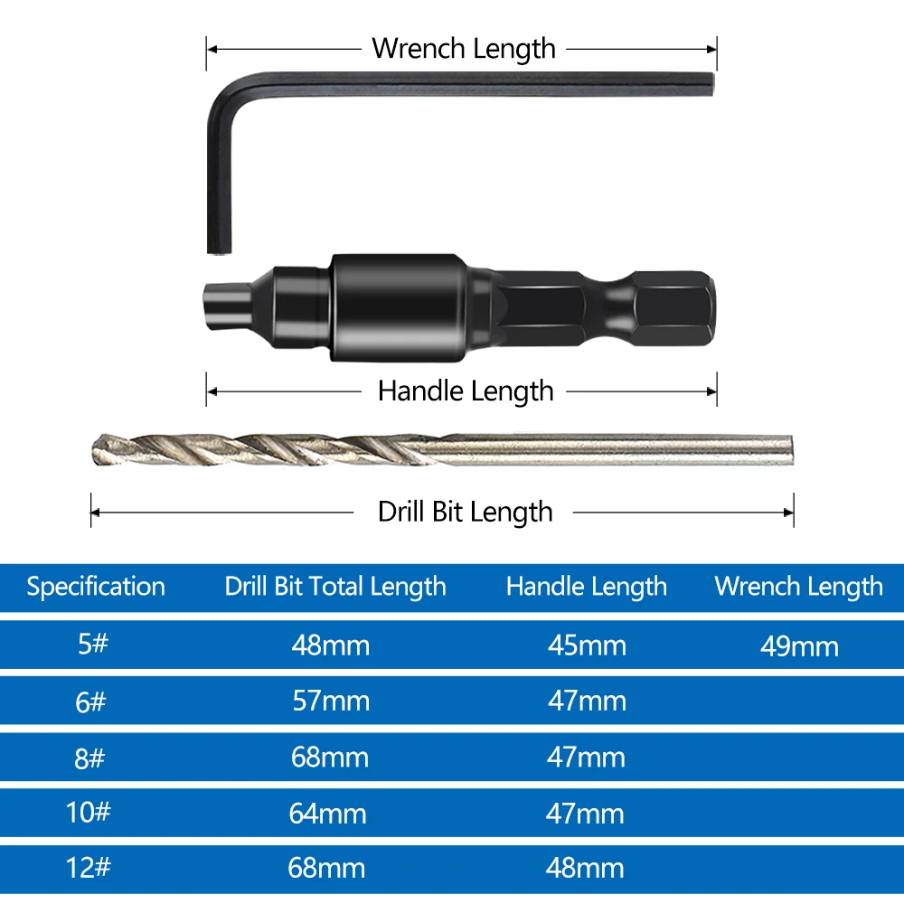 

5pcs Countersink Drill Bit High Speed Steel Woodworking Drill Bit Set with Wrench for Screw Sizes #5 #6 #8 #10 #12