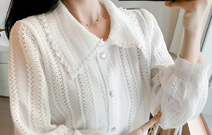 

Beading stitching white lady office shirt new korean 2021 elegant mesh stitching casual blouse fashion long sleeve women tops