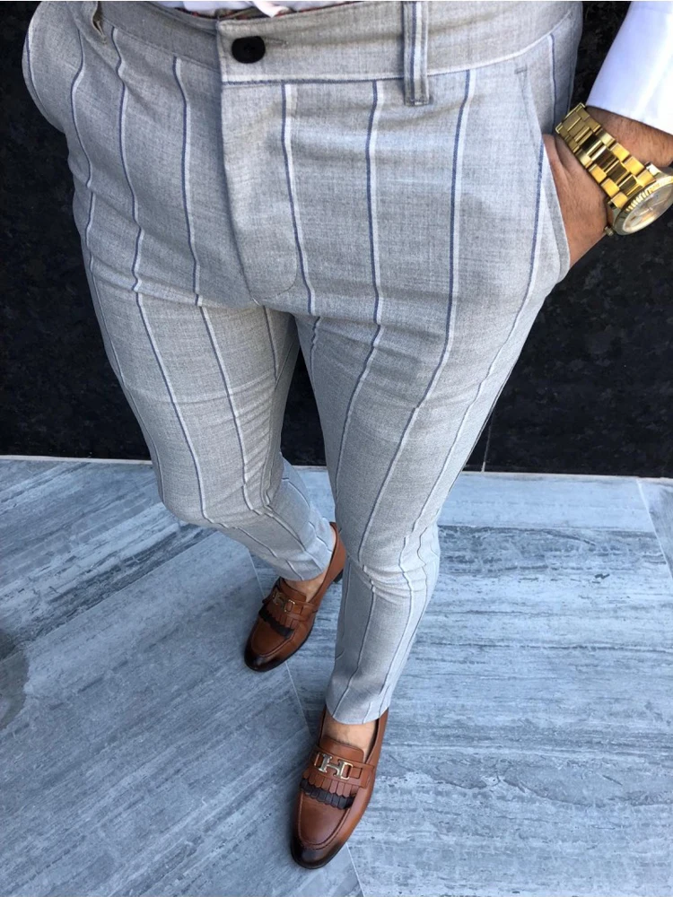 Роскошные мужские формальные полосатые брюки Slim Fit повседневные деловые офисные длинные брюки Умные повседневные узкие брюки новинка осень зима