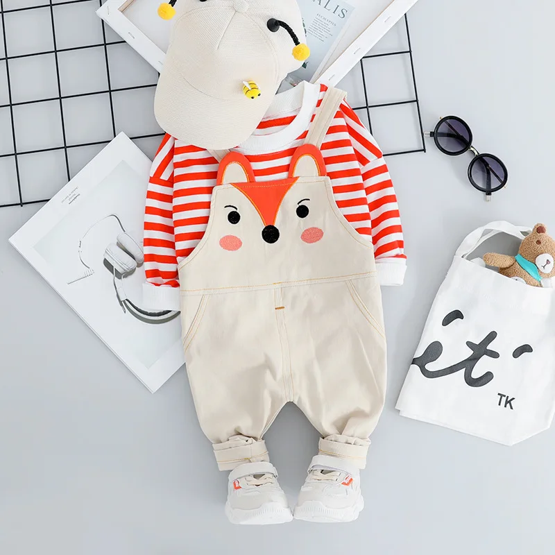 Toddler Girls New Spring Autumn Clothing Set Kids Striped Long Sleeve T-shirt+bib Cartoon Pants 2pcs Baby Boys Outfits | Детская одежда