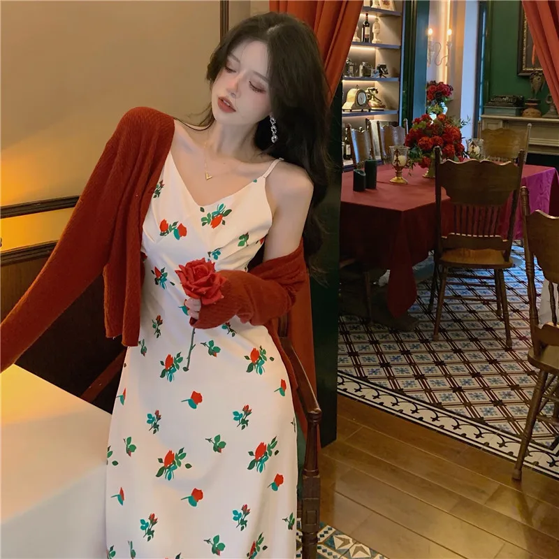 

French retro spring 2021 new rose print chiffon dress V-neck suspender skirt women
