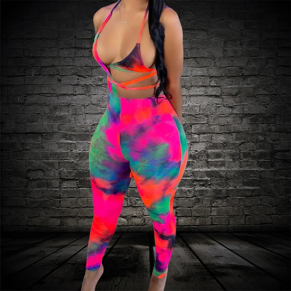 

Tie Dye Print Women Sexy Elegant Overalls Rompers Halter Bra Patchwork Jumpsuit Female Sleeveless Lace Up Overall Party Playsuit