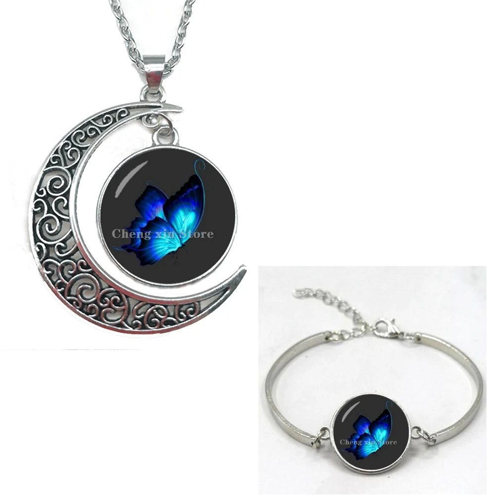 Ожерелье и браслет со стеклянным кабошоном изображением бабочки