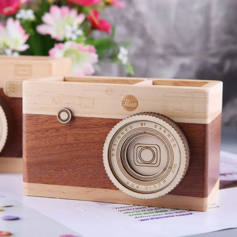 

2021 New Creative Camera Pattern Wooden Pen Pencil Case Holder Stand Desktop Sundries Storage Box Multi Purpose Use