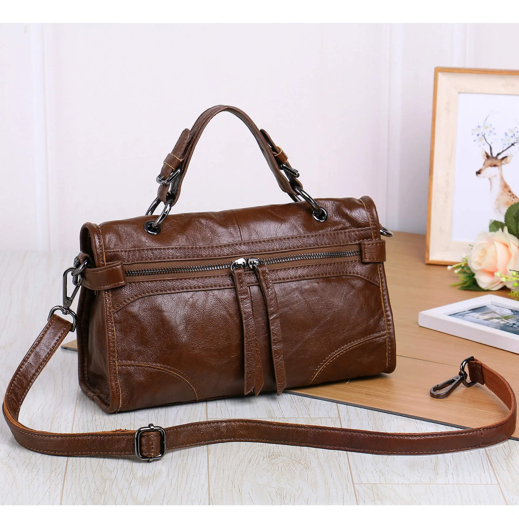 Women Genuine Leather Bag One Shoulder Diagonal Small Square Double Zip Tote | Багаж и сумки