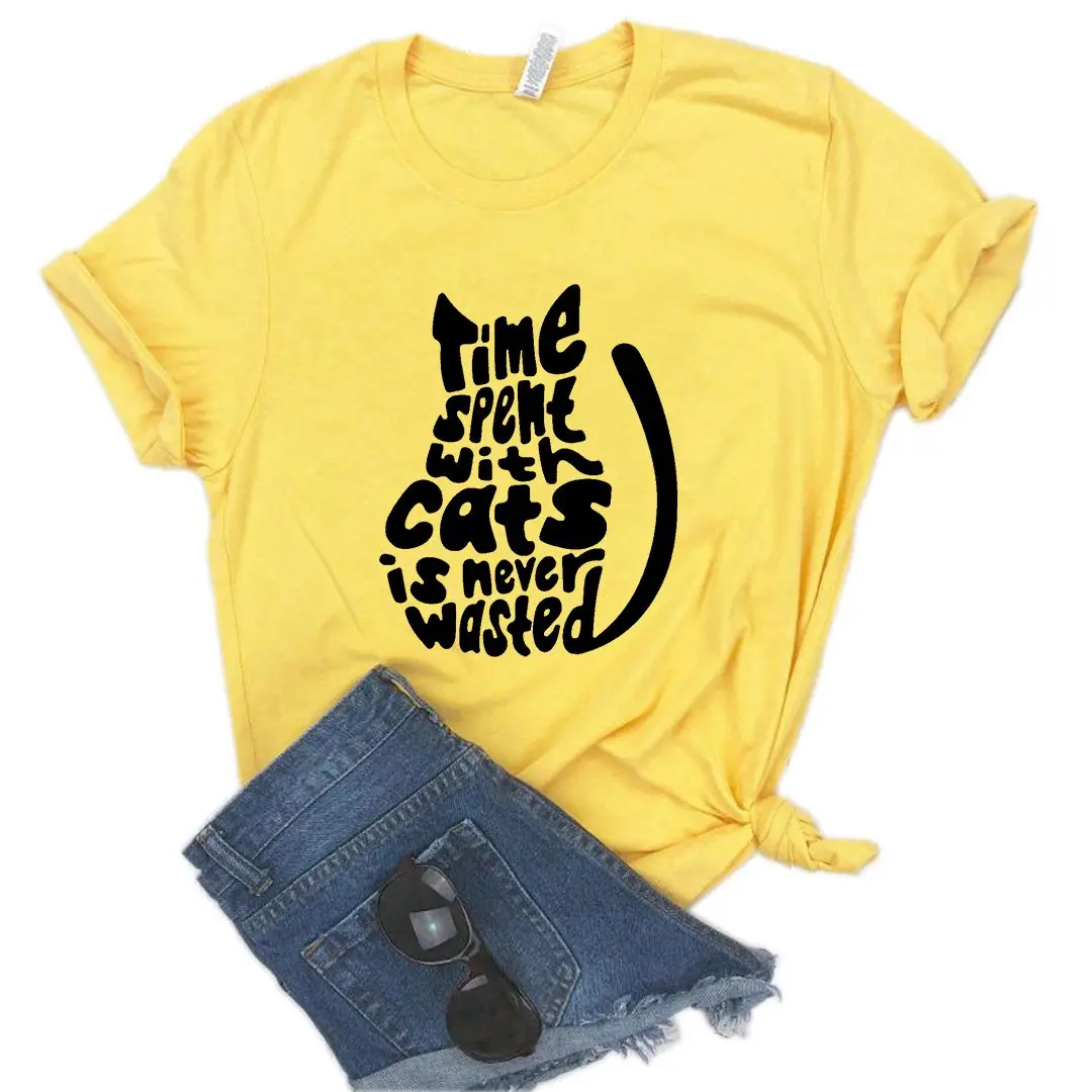 

Women Tshirt Casual Funny T Shirt Gift Lady Yong Girl Top Tee Time Spent with Cats Is Never Wasted Print 6 Color