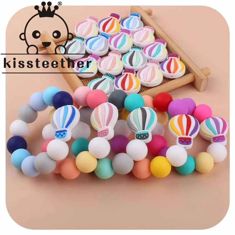 Kissteether-mordedores de silicona de grado alimenticio, conjunto de 2 unids/set de globos de aire caliente, pulsera y chupete de dentici&oacute;n, Clips de cadena-0