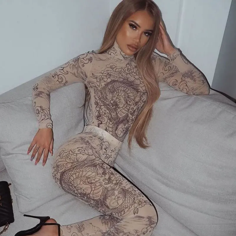 Костюм-двойка женский Donsignet с высоким воротником и длинными рукавами принтом в