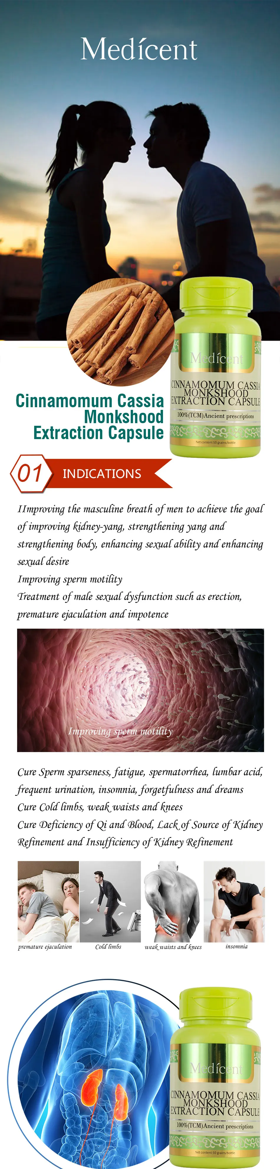Medicent Cinnamomum Cassia Monkshood Extraction Capsule, Treatment of male sexual dysfunction, Improving sperm motility, 50pcs