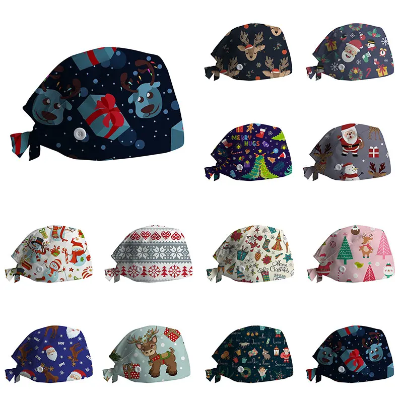 

Pure Cotton Scrubs Caps Adjustable Buckle Printing Hats Christmas High Quality Sweat-absorbent Elastic Multicolor Nurse Hats