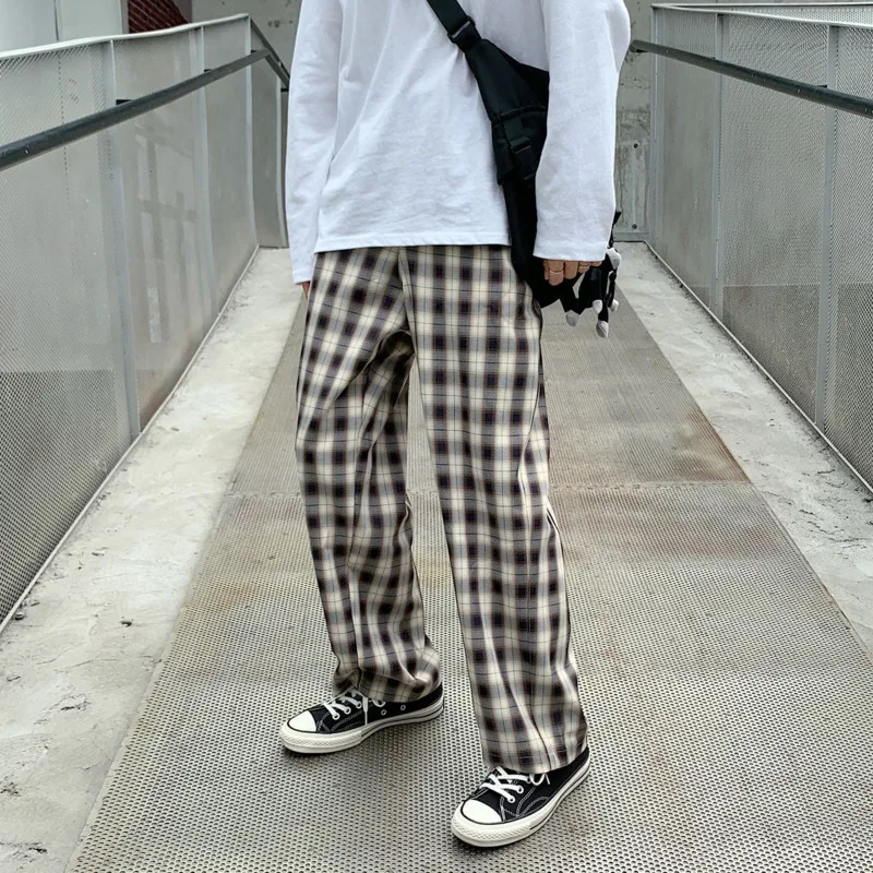 

2020 Autumn And Winter New Youth Popular Men's Drape Plaid Pants Fashion Casual All-match Straight-leg Pants Black/apricot