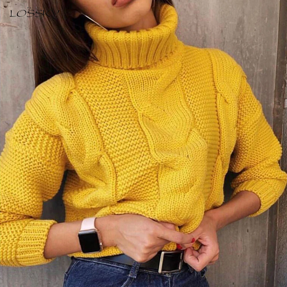 Вязаный свитер для женщин Осень-зима длинный рукав черная водолазка джемперы