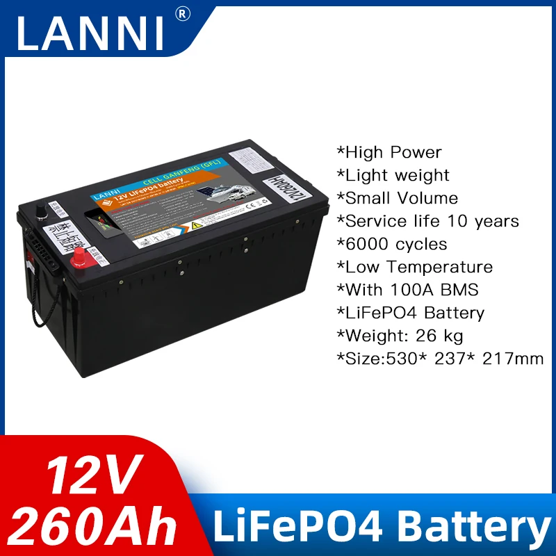 

12v260ahLifepo4 для RV-лодки, фотоосвещение, кемпинг, Мобильная мощность, бытовая техника, электрический велосипед, газонокосилка