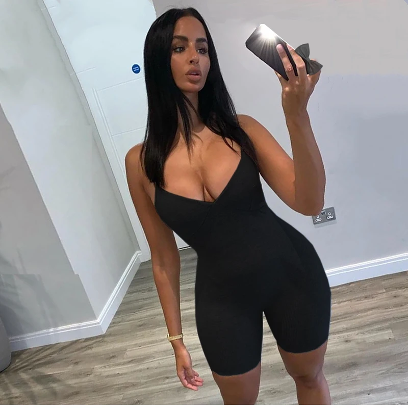 NewAsia Sexy Jumpsuit Summer Sleeveless V-neck Bodycon Rompers Womens Jumpsuit Ribbed Playsuit Casual Streetwear Orange Bodysuit