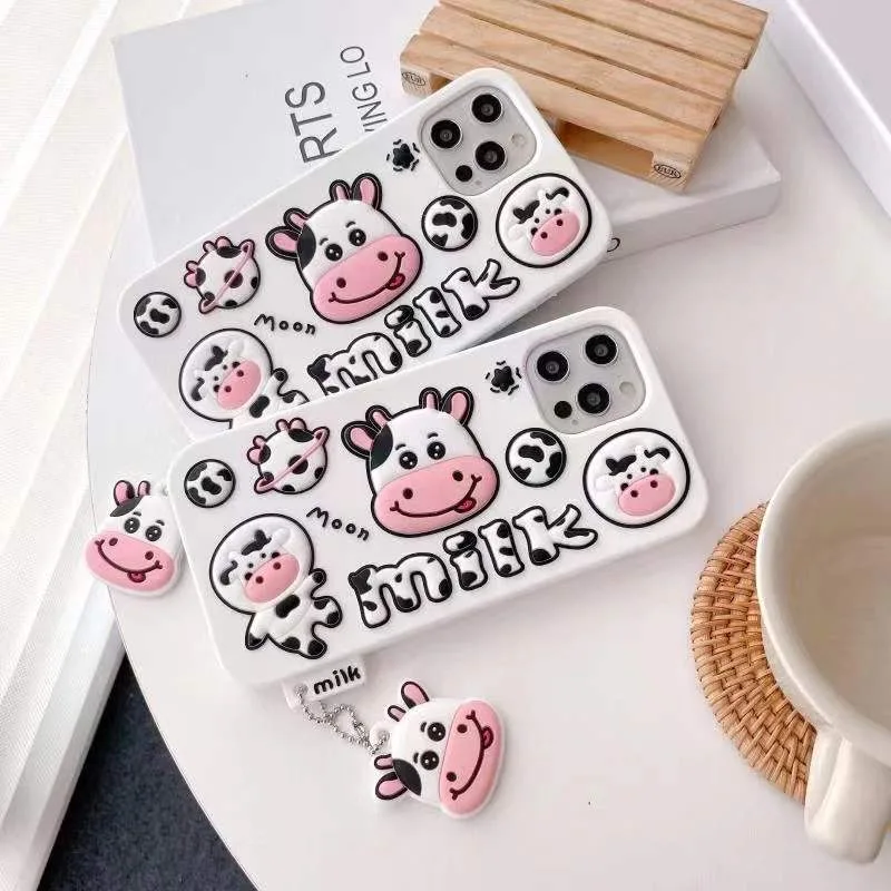 

Super cute 3D pink face baby cow + pendant Phone Case For iPhone 11Pro Max 7 8Plus SE 2020 XR XS Soft Silicone Protective cover
